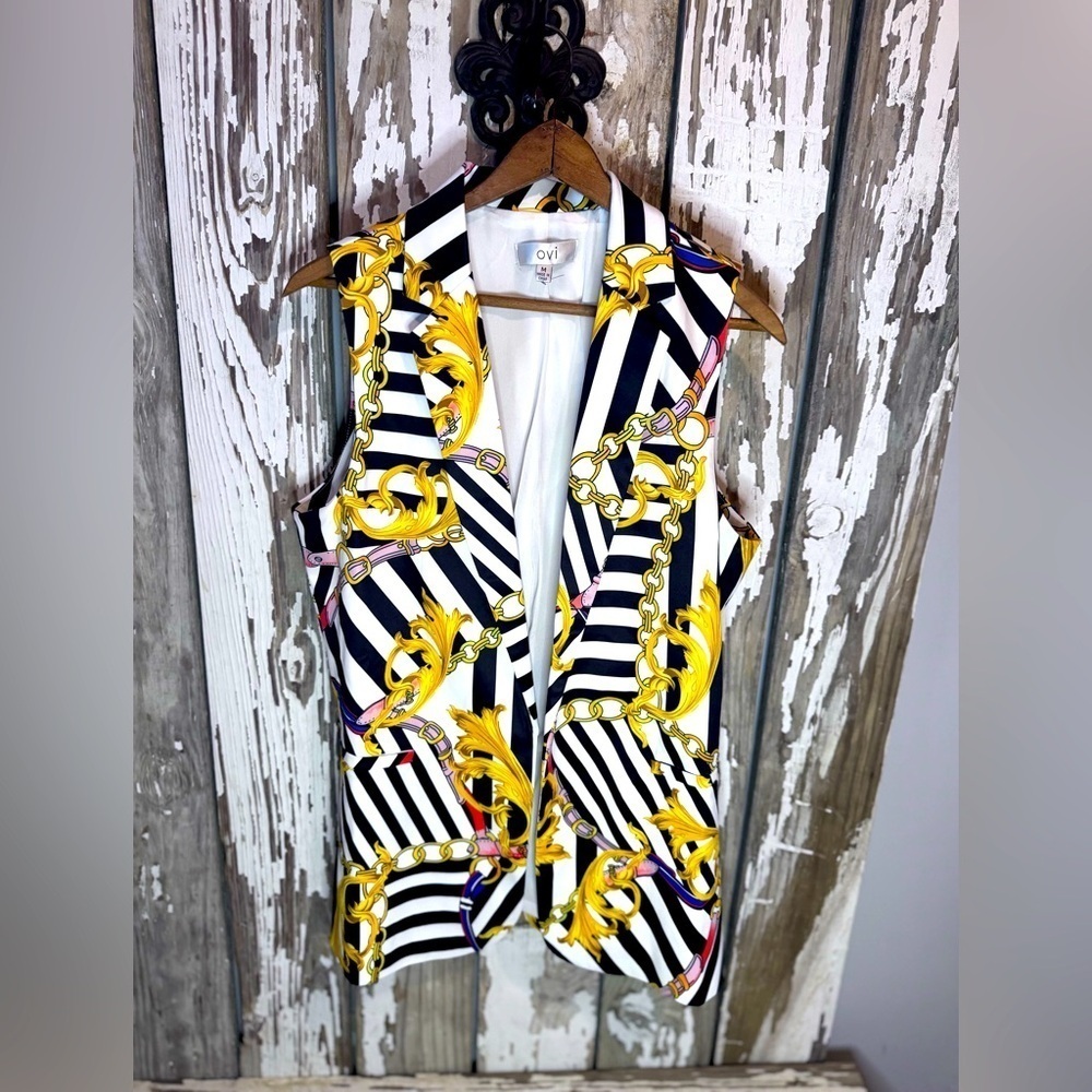 OVI Vest Open Front Size Medium Black & White with Chain Detail Split back